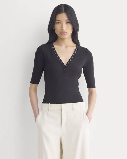 Luxe Rib V-Neck Henley | Black