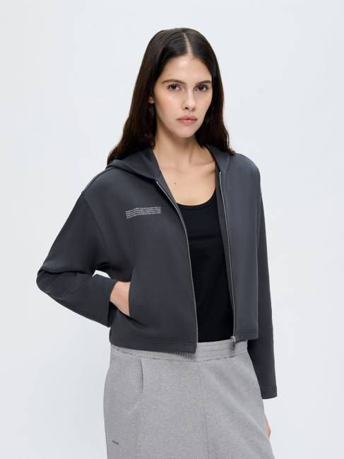 Womens Double Jersey Cropped Zip Up Hoodie—Smoked Black