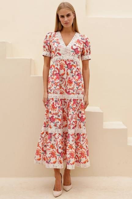 Enny Short Sleeve Linen Maxi Dress | Multi/Teal