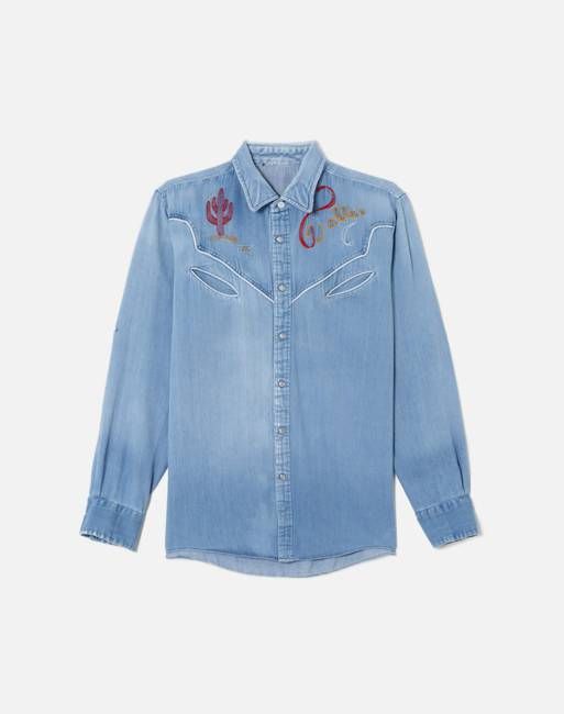 70s Snap Front Embroidered Chambray Button Up