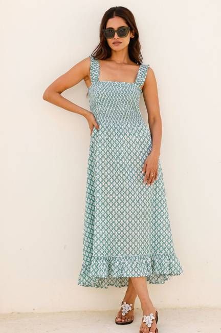 Rhianna Organic Cotton Dress | Flower Stamp Sage/White