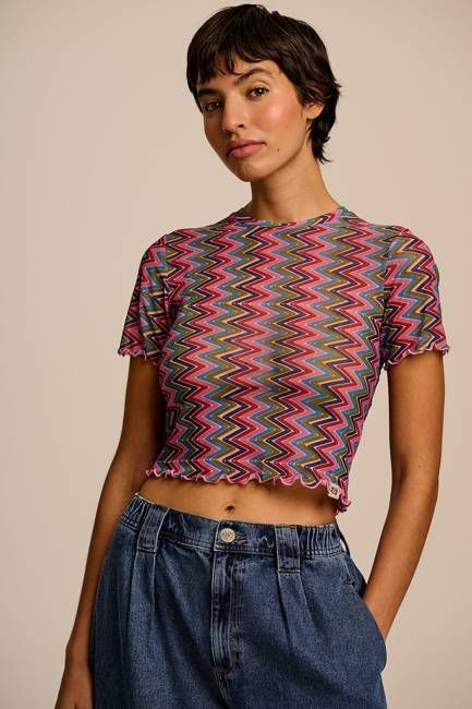 Greta - Cropped Mesh Top in Zig Zag Stripe