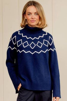 Cashmere Blend Geo Fairisle Roll Neck Jumper  | Navy/Cream