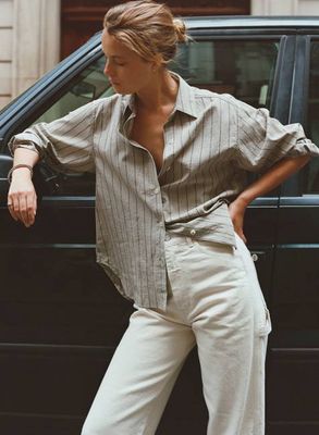 Marcie Shirt, Japanese Organic Cotton, Olive Stripe