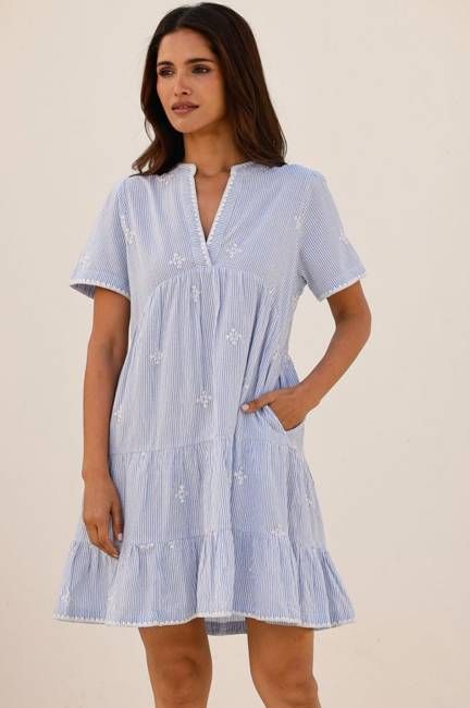 India Embroidered Organic Cotton Dress | Stripe Blue/White