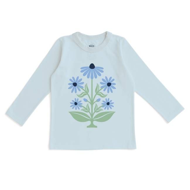 Long-Sleeve GRAPHIC Tee - Blockprint Flowers Sky Blue