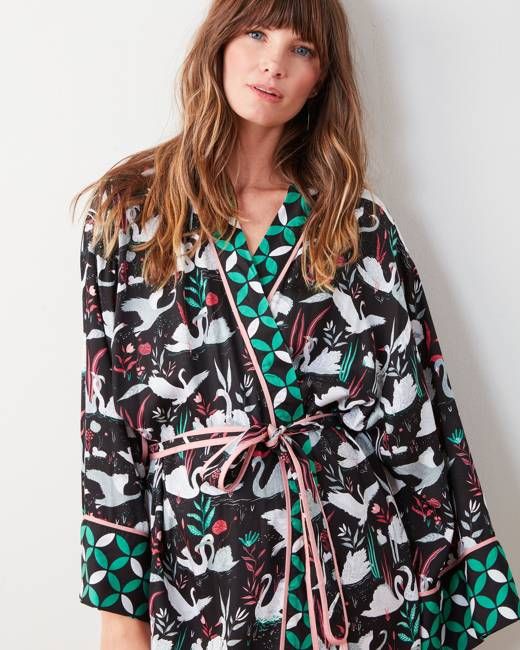 Enchanted Swans - Eco Satin Robe - Starless Sky
