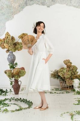 Ophelia Dress, 3/4 Sleeve, White Magnolia