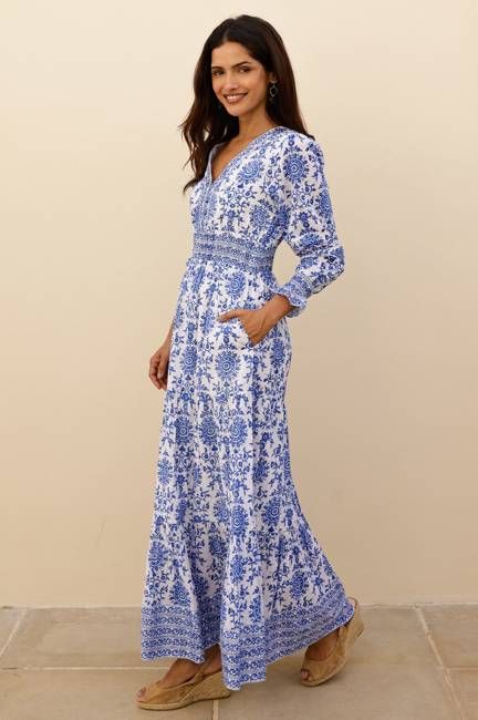Billie Block Print Organic Cotton Dress | White/Cobalt
