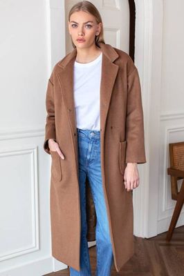 Drop Shoulder Long Coat - Saddle Brown