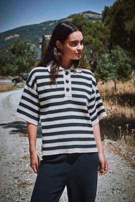LILI Oversize Polo Shirt in Organic Cotton - Navy and Off-White Stripes