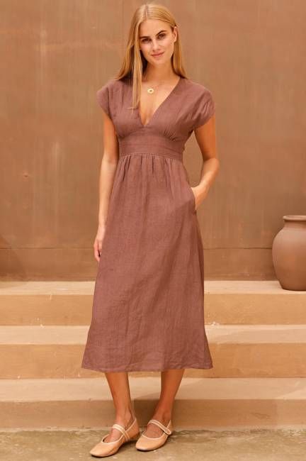 V-Neck Linen Dress | Chocolate