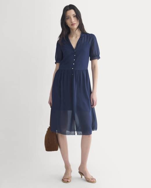 Notch Collar Shirtdress in Silk Georgette | Navy