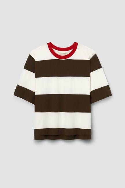 Bay-Sue Organic Cotton Jersey Stripe Top in Cacao & White Wide Stripe