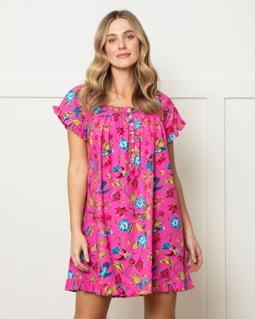 Hummingbird Haven - Pintuck Nightgown - Fresh Raspberry