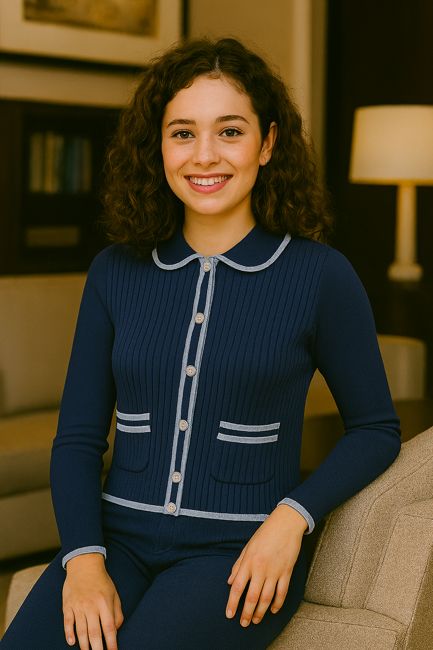 Cashmere Mix Cardigan with Collar Navy / Light blue