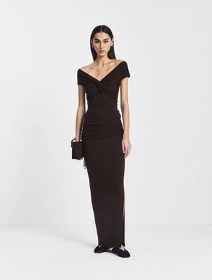 Leah Ruched Maxi Skirt in Bitter Chocolate