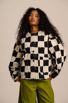 Amarante - Collarless Cotton Jacket in Black & Ecru Blurred Checkerboard