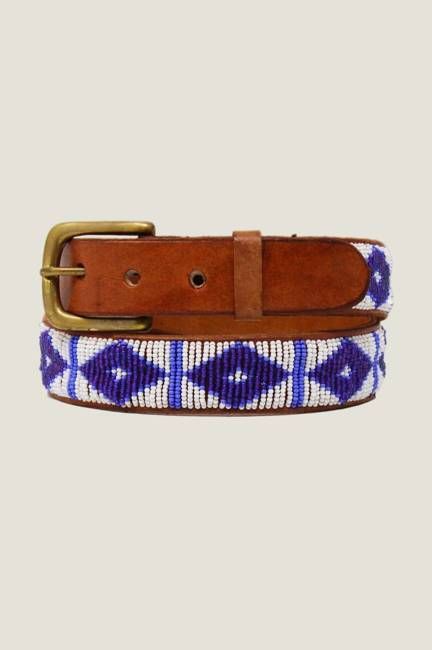 Triangle Leather Belt | Tan Leather White/Masai Blue