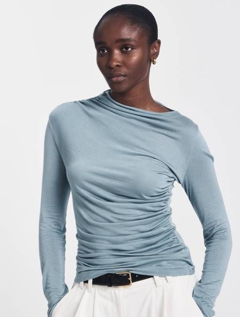 Iphis Draped Long Sleeve Top in Powder Blue