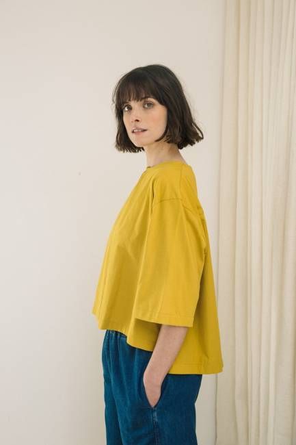 Shay Organic Cotton Jersey and Poplin Top in Chartreuse