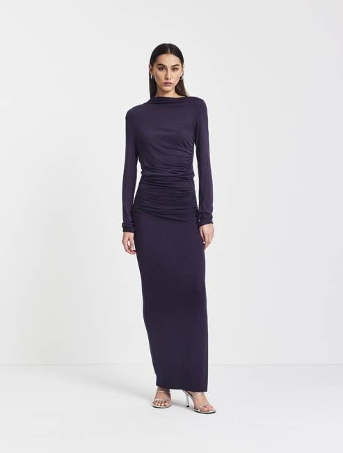 Leah Ruched Maxi Skirt in Aubergine