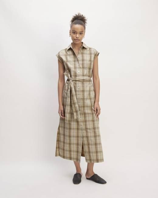 The Supima® Cotton Short-Sleeve Shirt Dress | Pale Khaki Plaid