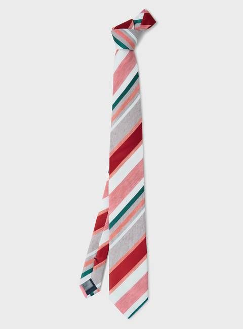 Silk Linen Blend Tan and Red Como Stripe Dazzling Tie