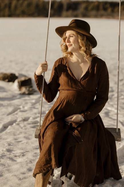 Wrap Dress, Long Sleeve, Twill Linen, Espresso Brown