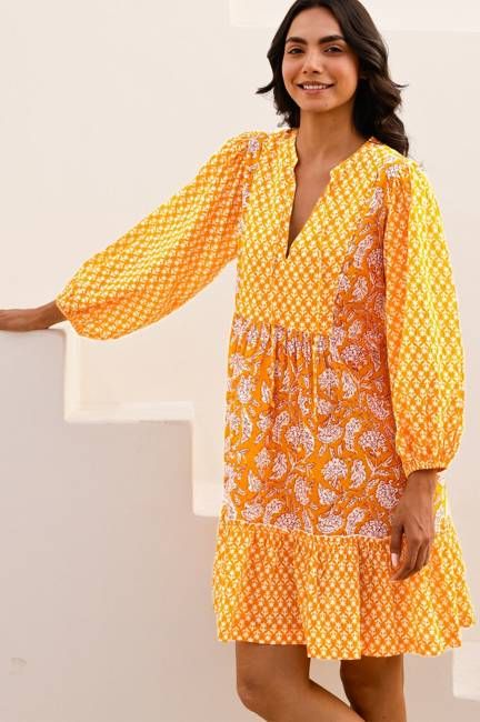 Marina Organic Cotton Print Mix Dress | Dianthus Print Yellow/White