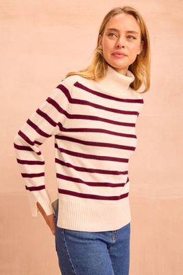 Cashmere Blend Striped Roll Neck Jumper | Cream/Fig