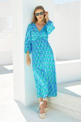 Katriona Satinkleid | Tropical Geo Marineblau/Türkis