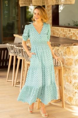Billie Short Sleeve Organic Cotton Dress | Flower Stamp Sage/White