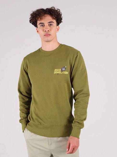 Disco Demolition Embroidered Mens Sweatshirt, Organic Cotton, in Khaki Green