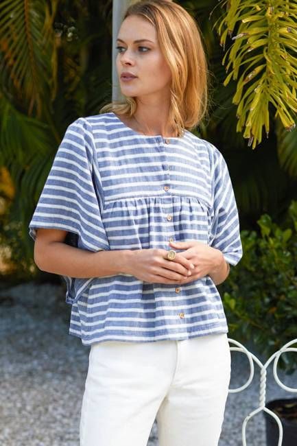 Marion Button Blouse - Blue + Ivory Sailor Stripe