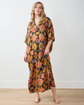 Botanical Checkerboard - Eco Satin Brigitte Nightgown Set - Caramel