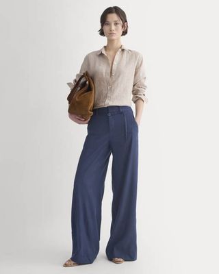 Wide-Leg Belted Pant in Stretch Linen | Navy | Regular