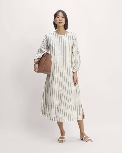 The Linen A-Line Midi Dress | Bone/Navy