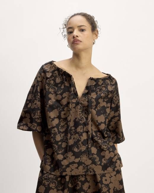 The Supima® Puff-Sleeve Top | Black / Cocoa Floral