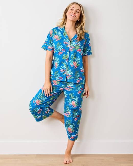 Coral & Conch - Short Sleeve Top & Cropped Pants Set - Ocean Breeze