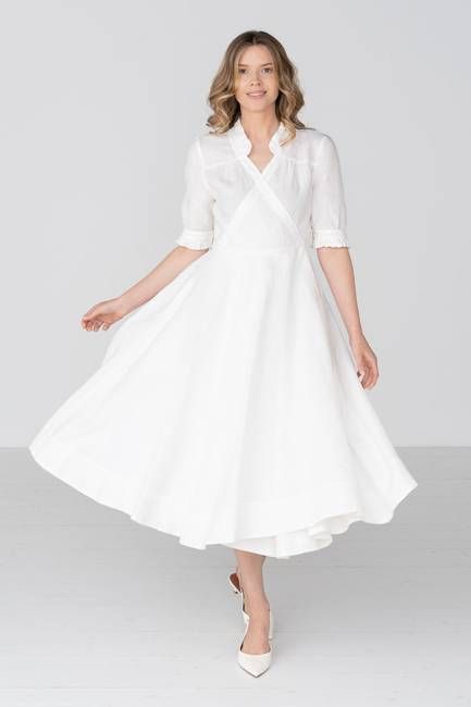 Darcy – Short Sleeve Ruffled V-Neckline Linen Wrap Dress