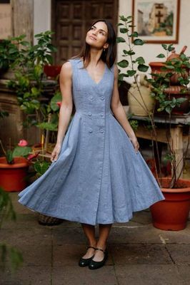 Rosa – Midi Linen Dress with Double-Button Front