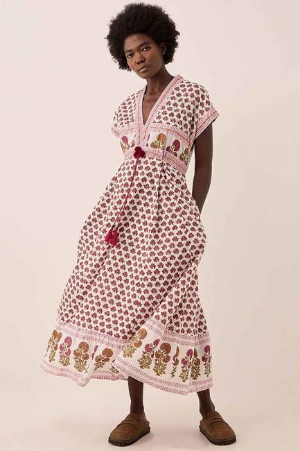 Karmen Hand Woodblock Cotton Dress Pink
