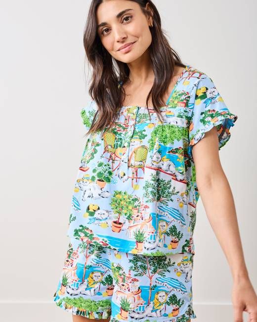Mediterranean Meow - Pintuck Short Set - Amalfi Blue