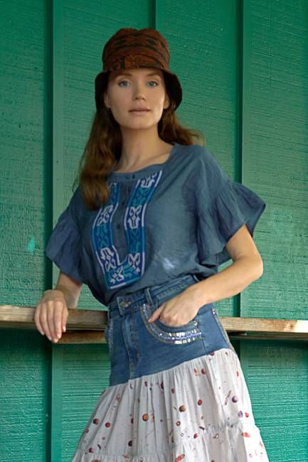 Amira Top with Handwoven Indigenous Trim, Blue/Blue-White