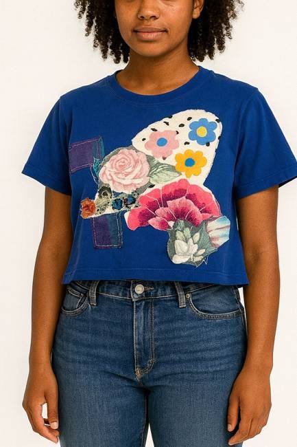 Royal Blue Floral Patchwork Constance Wilde Upcycled Short Sleeve Top