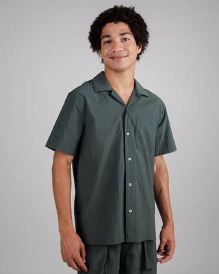 Seersucker Baumwoll-Overshirt Dunkelgrün