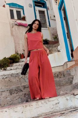 Aster - Hose aus Baumwolle und Leinen, gestreift in Rosa und Orange