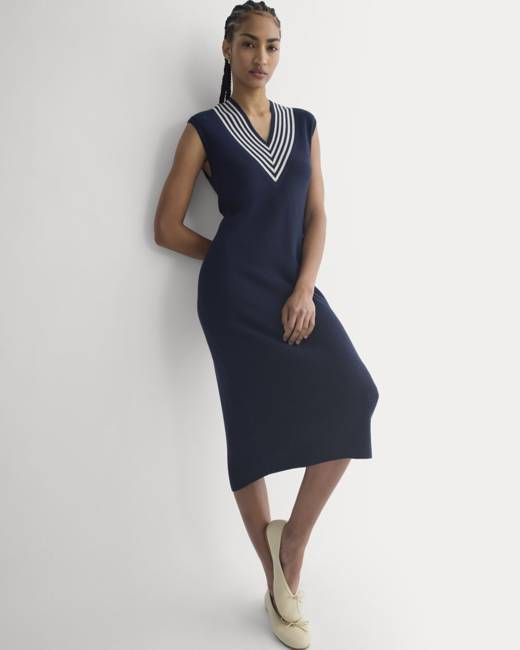 Relaxed V-Neck Midi Sweater Dress in Cotton Merino | Navy