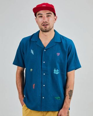 Asis Aloha-Shirt mit Percales-Stickerei Blau